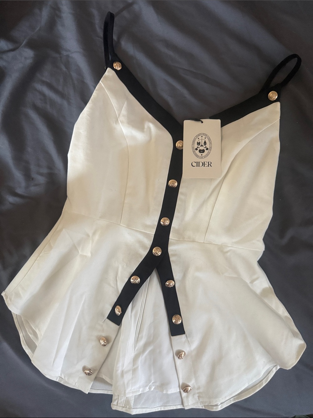 Cider White Peplum Button Front Tank with Black Trim and Gold Buttons